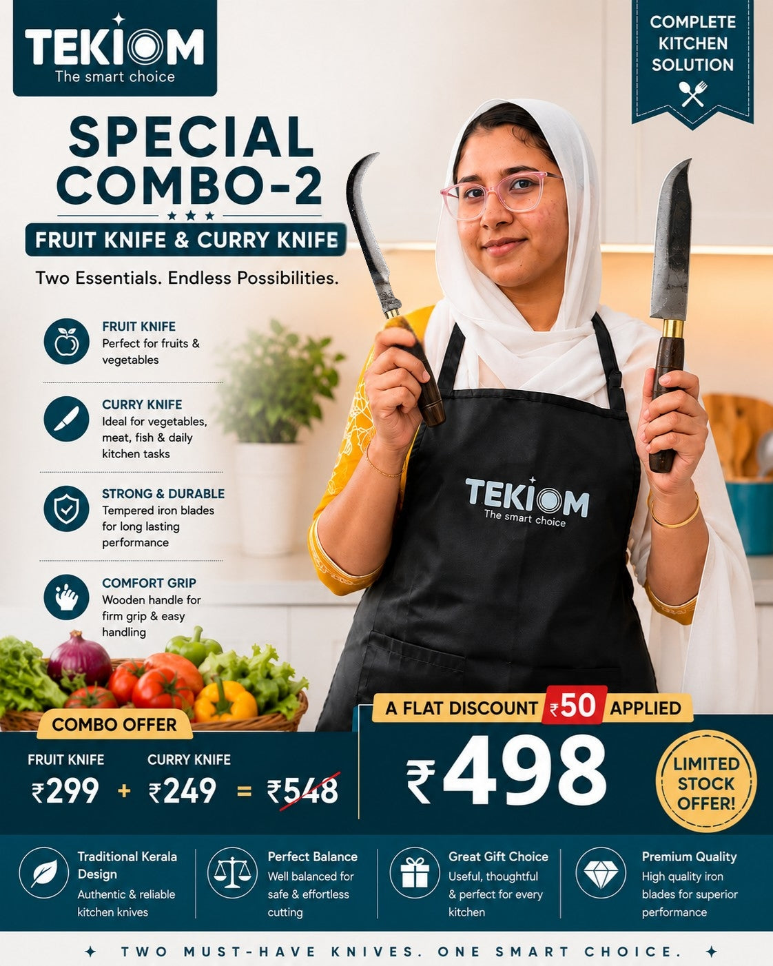 TEKIOM Special Combo-2 | Fruit Knife & Curry Knife | Traditional Kerala Kitchen Knife Set