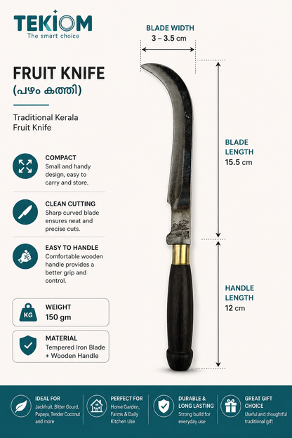 Fruit Knife (പഴം കത്തി) – Traditional Kerala Curved Knife | Tempered Iron Blade & Wooden Handle | Compact Utility Knife for Fruit Cutting