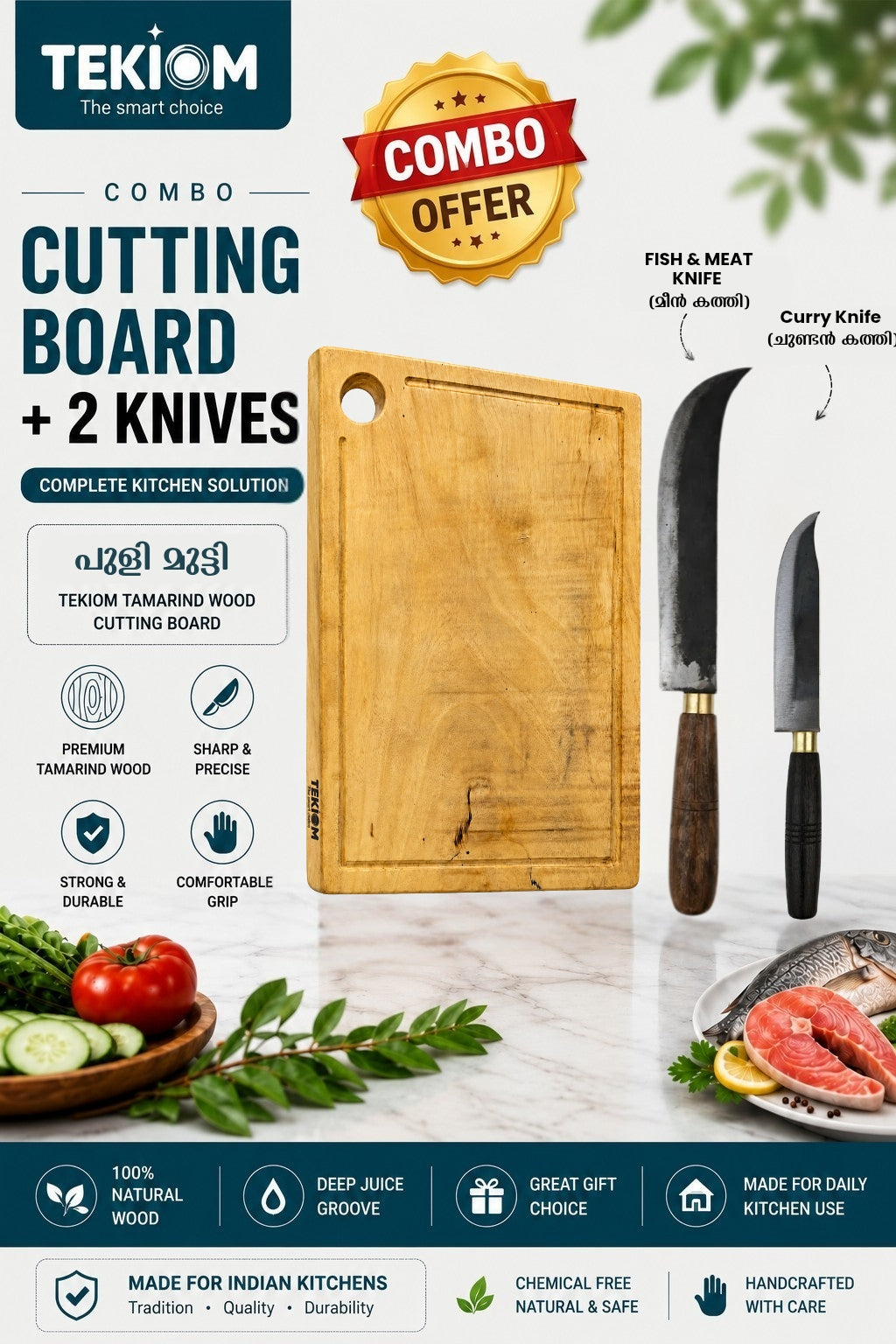 TEKIOM Tamarind Wood Cutting Board + Curry Knife + Fish/Meat Knife Combo | Handmade Kerala Kitchen Set | Heavy Duty Wooden Chopping Board