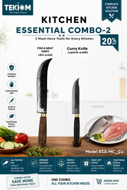 TEKIOM Tamarind Wood Cutting Board + Curry Knife + Fish/Meat Knife Combo | Handmade Kerala Kitchen Set | Heavy Duty Wooden Chopping Board